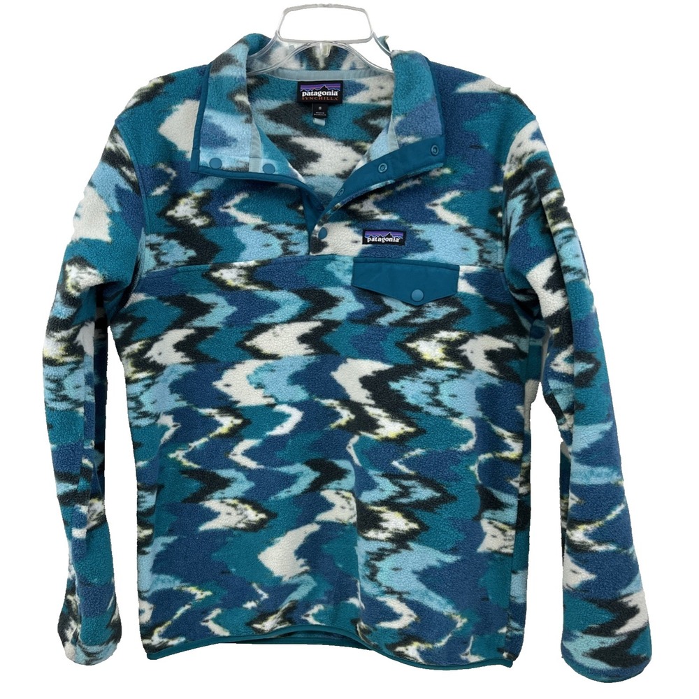 Patagonia Synchilla Women's Size M Snap-T Pullover Jacket Trout Tales Elwha Blue
